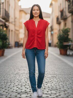 DR2 Vibrant Red Ruched Button-Front Cap Sleeve Blouse